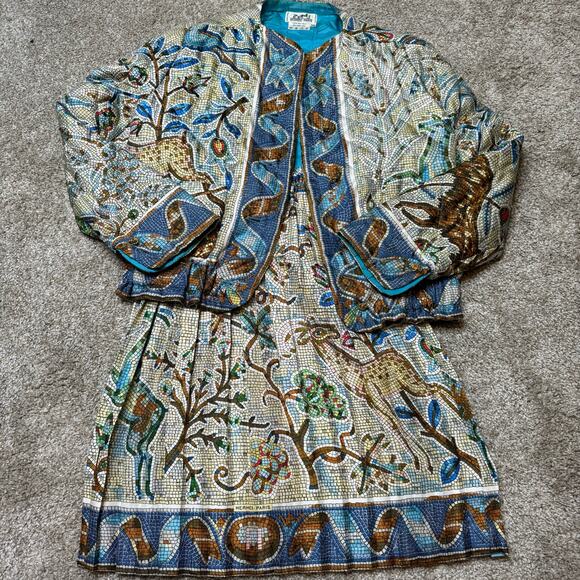 Hermes Silk Pavement Mosaic Tiles Patterned Bomber Jacket And Mini Skirt US 2/38 - Picture 1 of 14